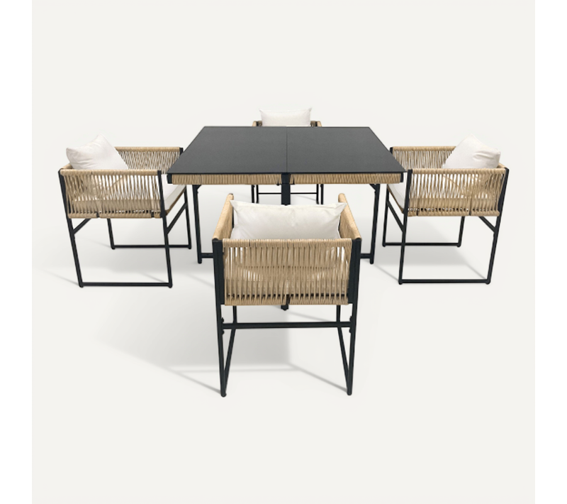 Ensemble Jardin 5 Pièces– 1 Table + 4 Chaises Empilables– Corde Tressée, Structure En Fer, Plateau