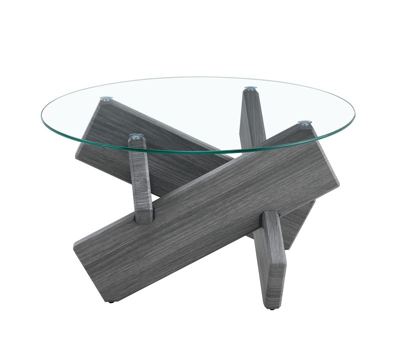 Table Basse Table Ronde En Verre Trempé 79x79x45cm Design Moderne En Bois Croisé Gris