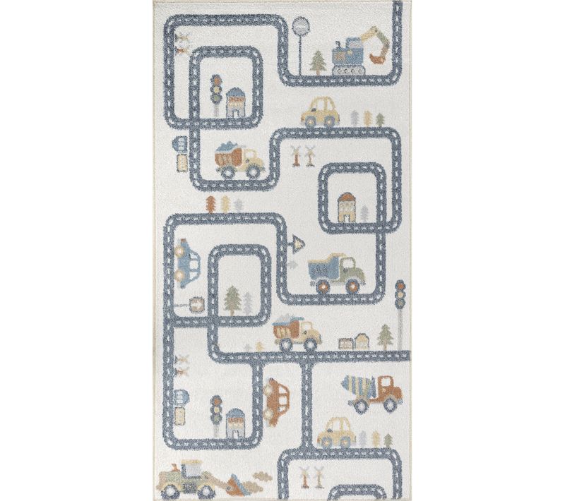 Tapis Enfant Lavable En Machine Circuit Voitures Beige/gris 80x150 Cm Vroomville