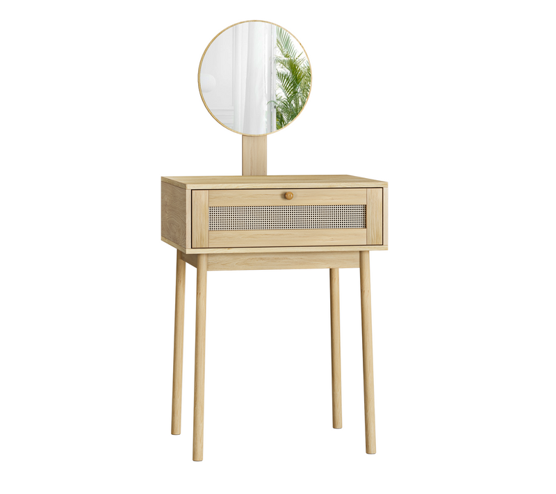 Coiffeuse Moderne 1 Tiroirs Rotin 60x50x128cm Table De Maquillage Miroir Petite-sans Tabouret Bois