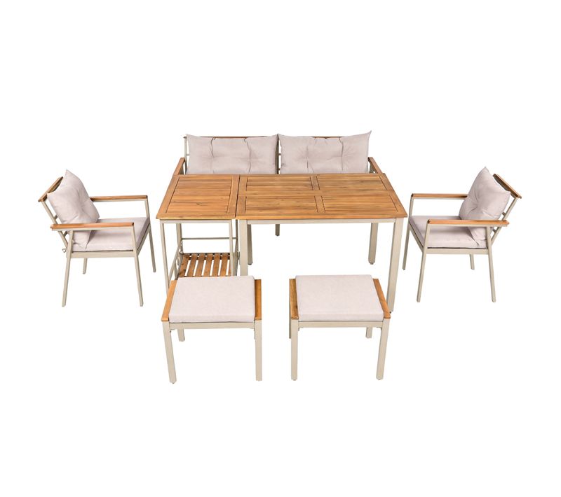 Ensemble Salon De Jardin 6 Places Canapé De Jardin Chariot à Manger Table Et Chaises En Fer Beige