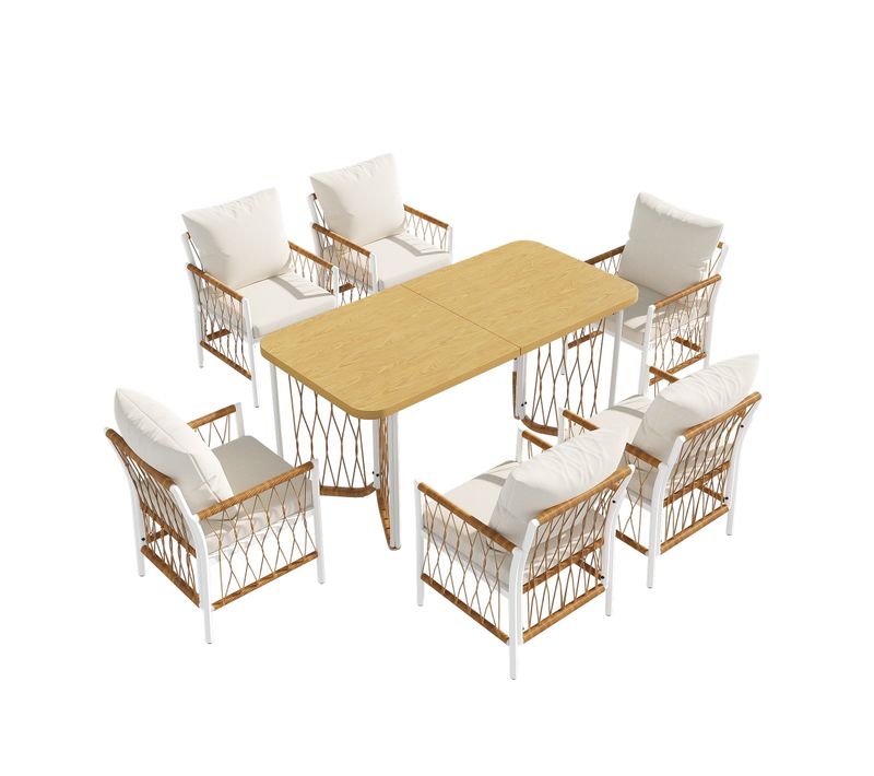 Salon De Jardin 6 Places 1 Table Bois 6 Chaises En Fer Tissu Amovible Ensemble Table Chaises Beige