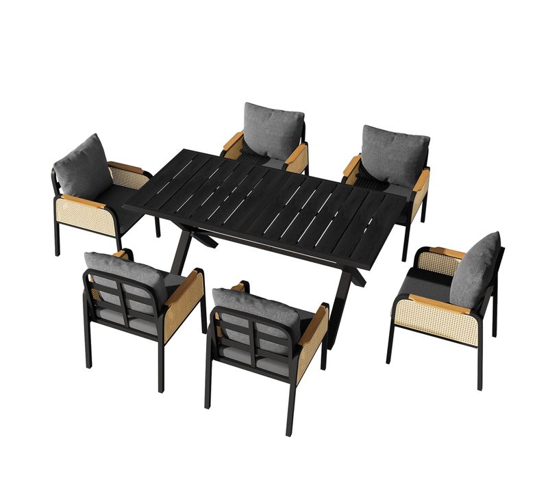 Salon De Jardin 6 Places 1 Table Fer 6 Chaises En Rotin Tissu Amovible Ensemble Table Chaises Noir