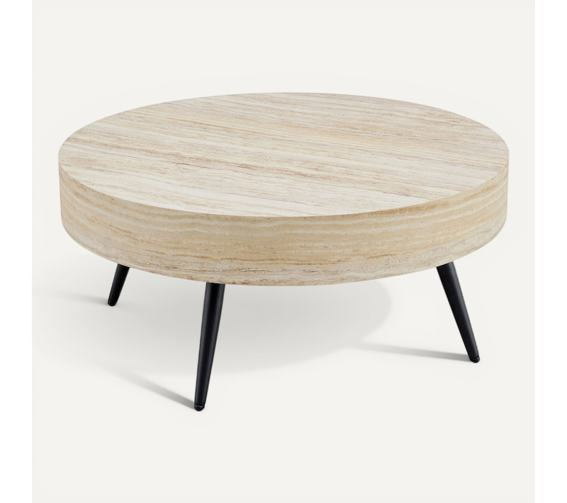 Table Basse Rond Mdf 70x70x35,5cm Pied Métal Noir Design Minimaliste Table Canapé Meuble Salon Beige