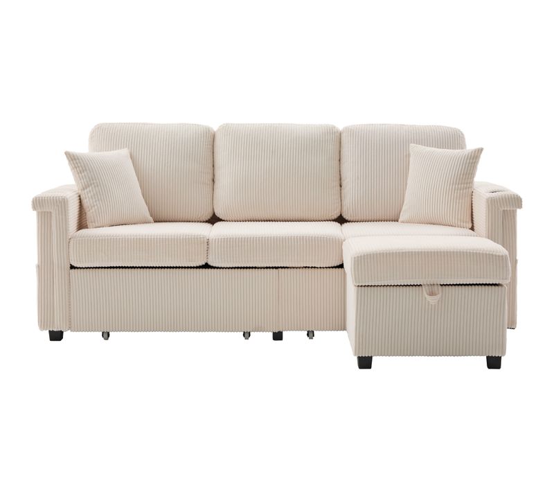 Canapé 3 Places En Velours Côtelé Beige Avec Éclairage LED Et USB-c,espace De Rangement
