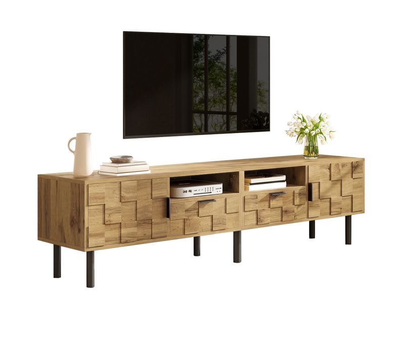 Meuble TV Armoire TV Mosaïque160x35x42,5cm 2 Tiroirs 2 Portes 2 Compartiments Ouvert Pied Métal Bois