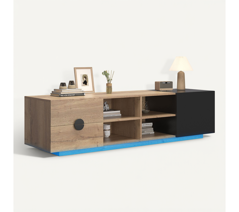 Meuble TV LED Moderne 180x38,5x47cm 2 Tiroirs 1 Porte 4 Compartiments Ouverts Pour TV 65 " Bois