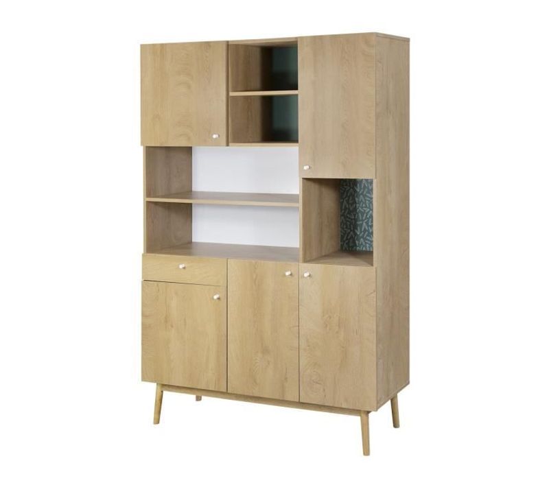 Buffet Cuisine 5 Portes - Décor Chêne Et Vert - Pieds Bois Massif - 120 X 40 X 178 Cm - Gardenia