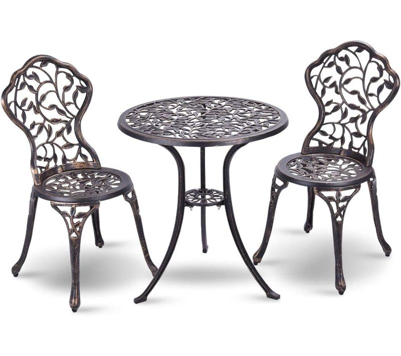 Salon De Jardin 3pcs En Fonte Aluminium, Ensemble 2 Chaises Et 1 Table Ronde Style Rétro Jardin Brun