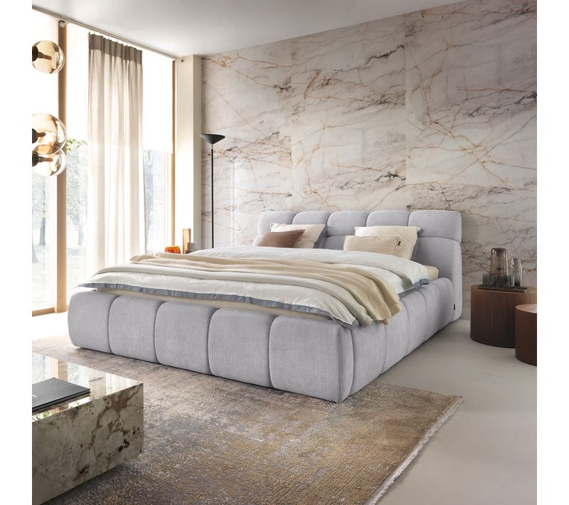 Lit coffre 180x200 cm JULIA effet bubble tissu gris clair