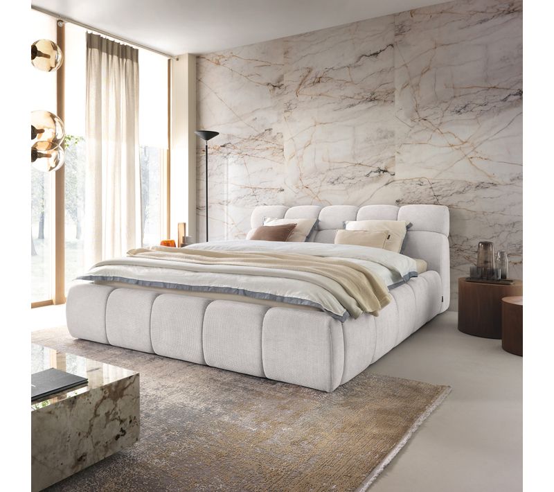 Lit coffre 140x200 cm JULIA effet bubble tissu blanc