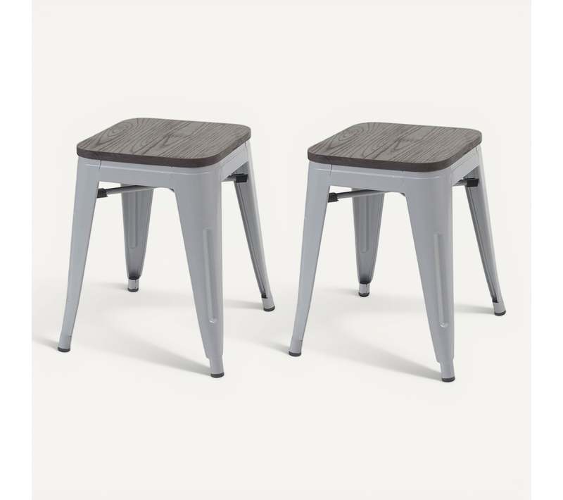 Lot De 2 Tabourets Bas Assise En Bois Empilable En Métal Design Industriel En Métal Gris 04_000050