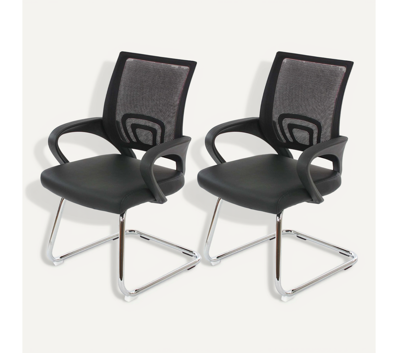 2x Fauteuils Chaises De Bureau Sans Roulettes Chaise De Conférence Visiteur En Synthétique Et Mail