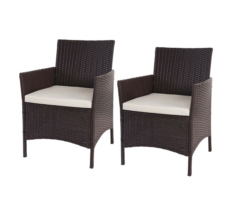 2x Fauteuils Chaises De Jardin En Polyrotin Marron Coussins Crème 04_0000470
