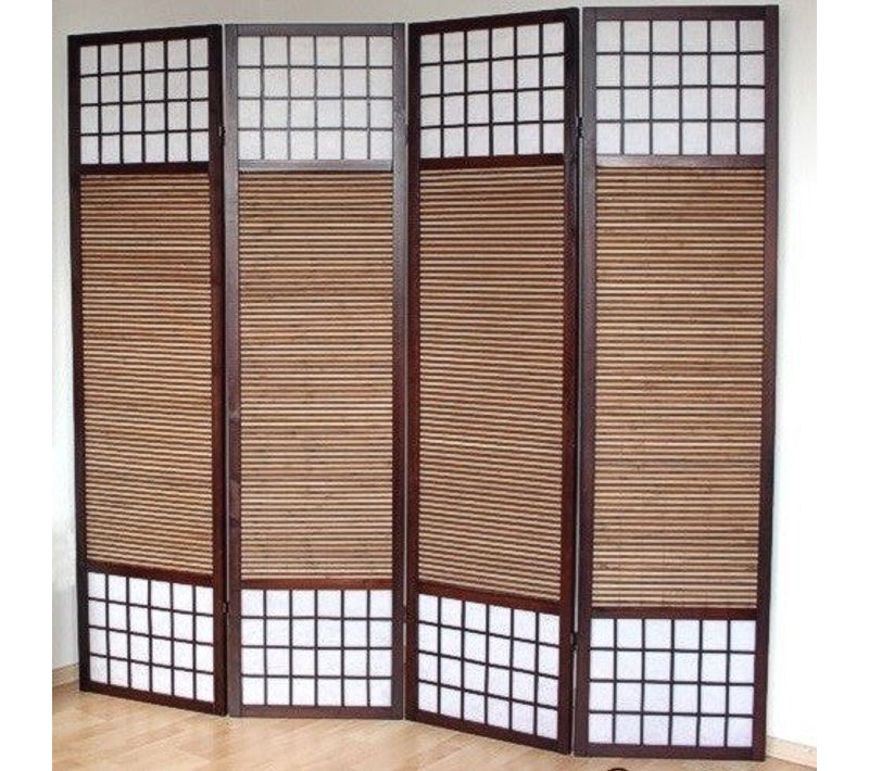 Paravent 4 Panneaux Marron En Bois Et Bambou 176 X175 Cm Par06010