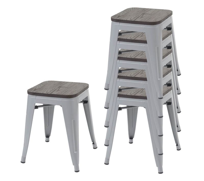 Lot De 6 Tabourets Bas Avec Assise En Bois Empilable En Métal Design Industriel Gris 04_0000913