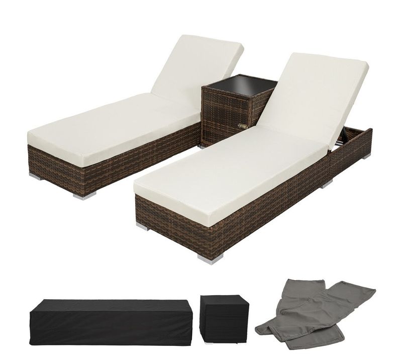 Lot De Deux Chaises Longue Bain De Soleil En Résine Tressé Poly Rotin + Table + Deux