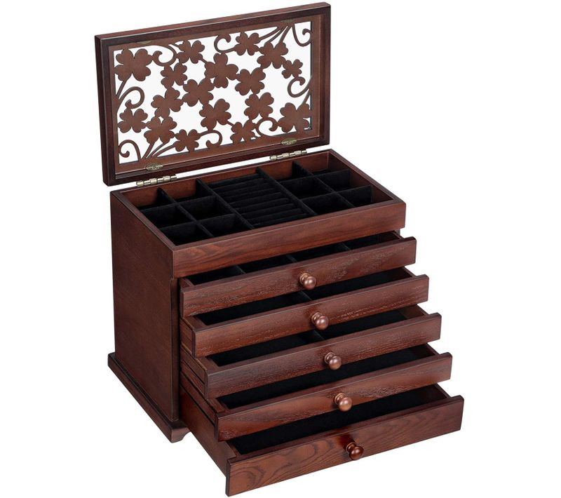 Boîte Coffret À Bijoux Trèfle 5 Tiroirs Bois 12_0000299
