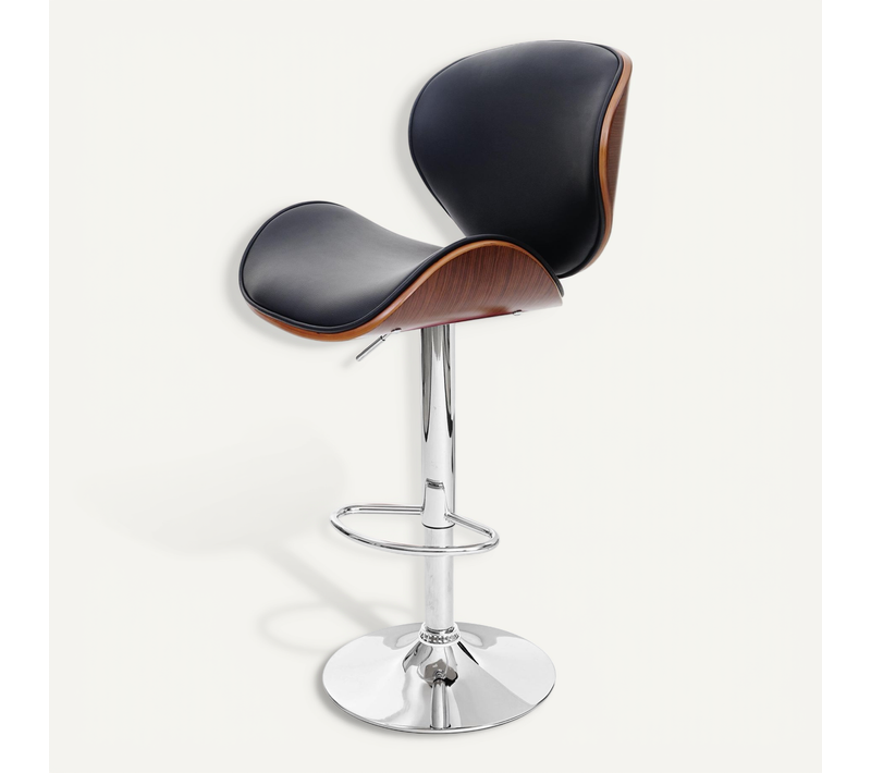 Tabouret De Bar Chaise De Bar Bois Courbé Design Rétro Aspect Noyer Pvc Noir 04_0001218