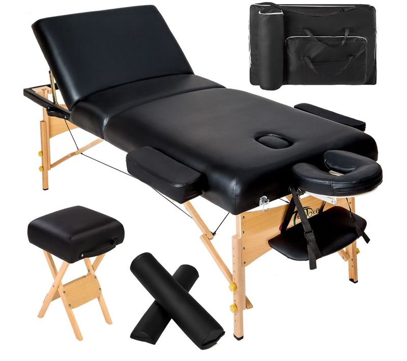 Table De Massage Pliante 3 Zones, Tabouret, Rouleau + Housse Noir 2008142