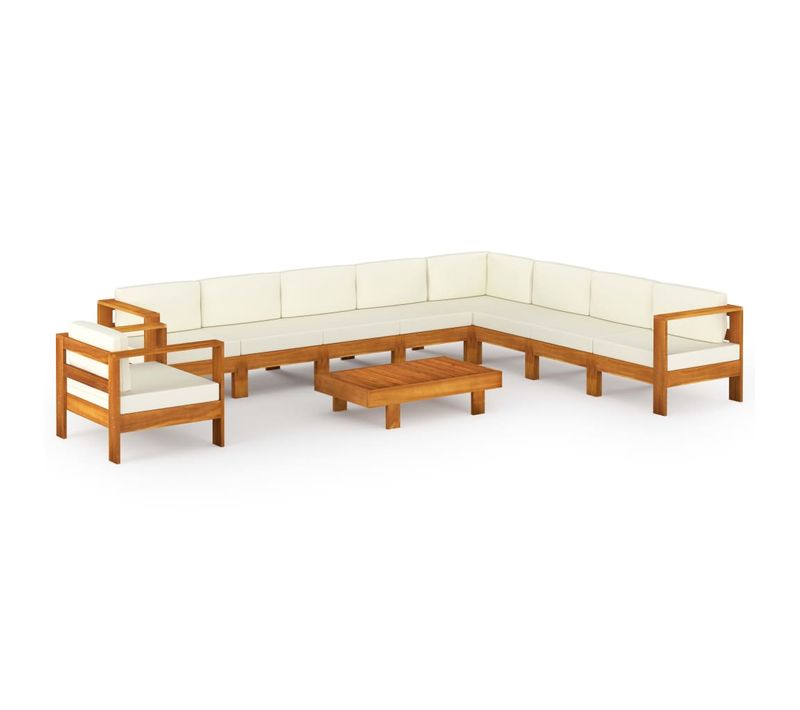 Salon De Jardin Meuble D'extérieur Ensemble De Mobilier 10 Pièces Avec Coussins Blanc Crème Bois