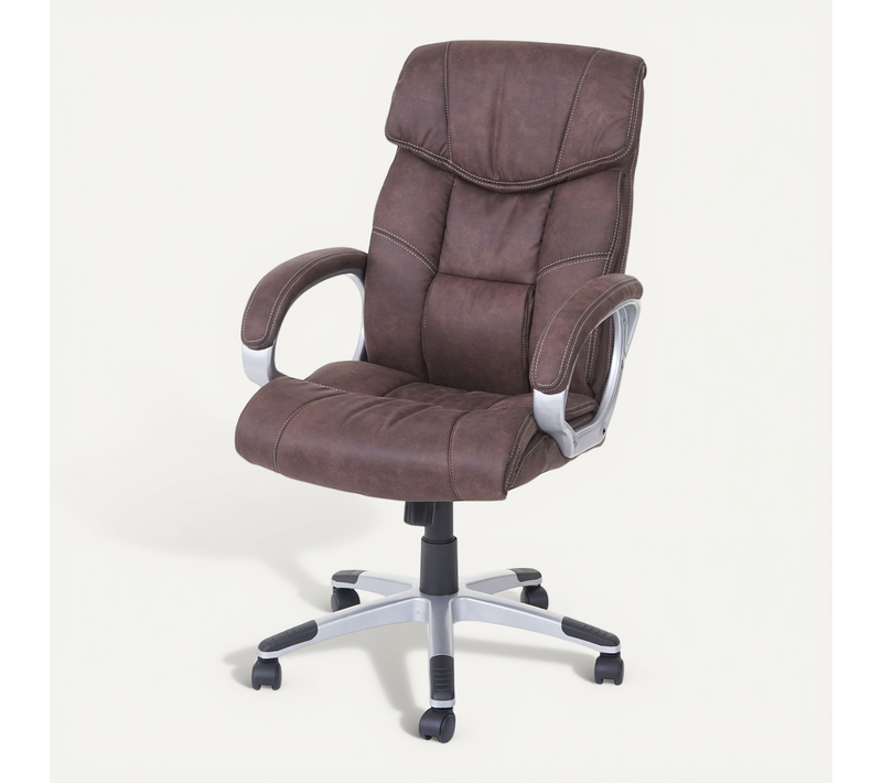 Fauteuil Chaise De Bureau Sur Roulettes Pivotante Tissu Aspect Daim Marron Vintage 04_0001806