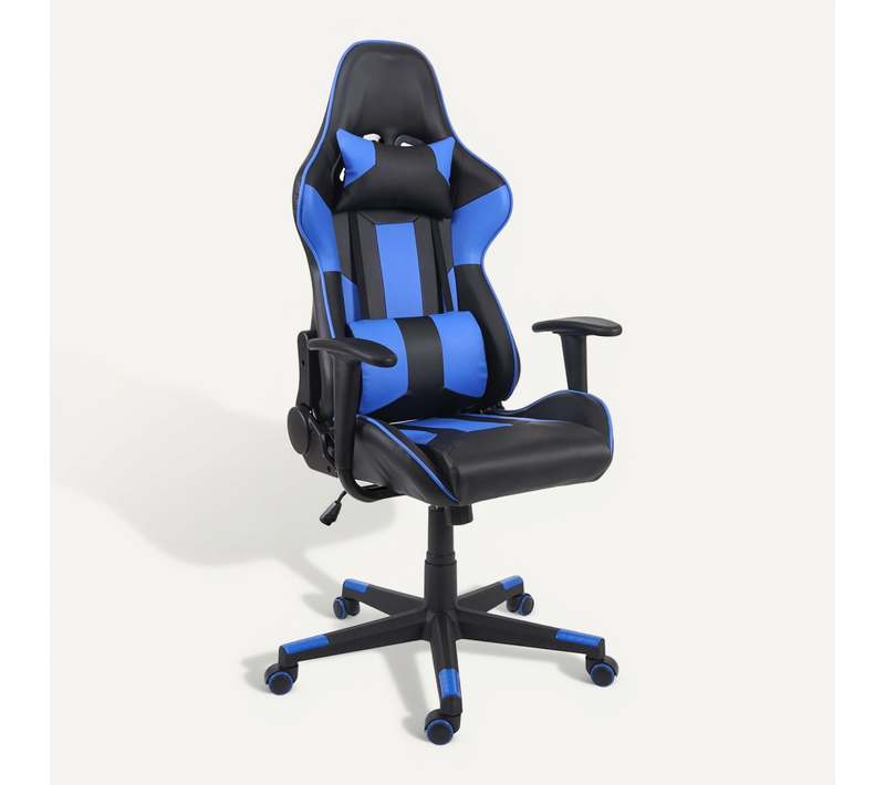 Fauteuil Chaise De Bureau Sur Roulettes Gamer Pivotante En Synthétique Noir Bleu 04_0001854