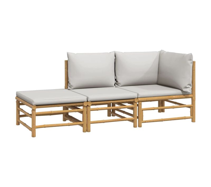 Salon De Jardin Meuble D'extérieur Ensemble De Mobilier 3 Pièces Avec Coussins Gris Clair Bambou