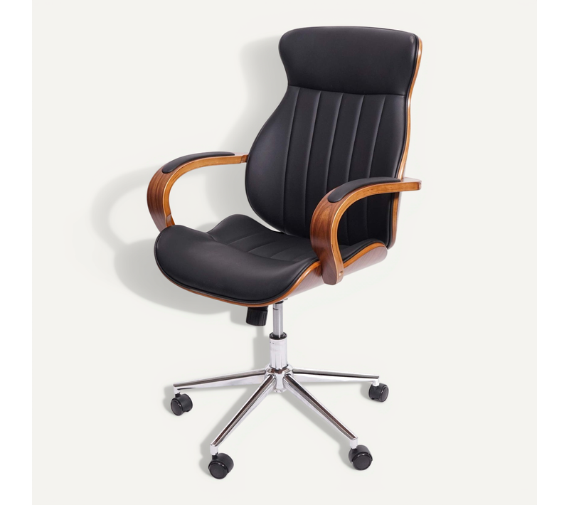 Fauteuil De Bureau Pivotante En Synthétique Noir Dossier Bois Aspect Noyer Rotatif à 360° 04_00018