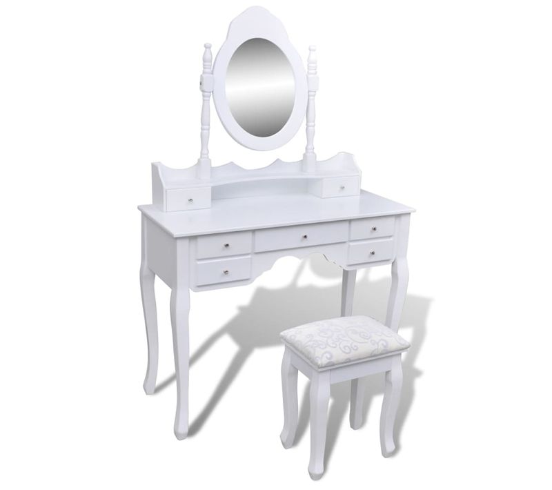 Coiffeuse 93 X 39 X 74,5 Cm Avec Miroir Et Tabouret 7 Tiroirs Blanc 02_0021269
