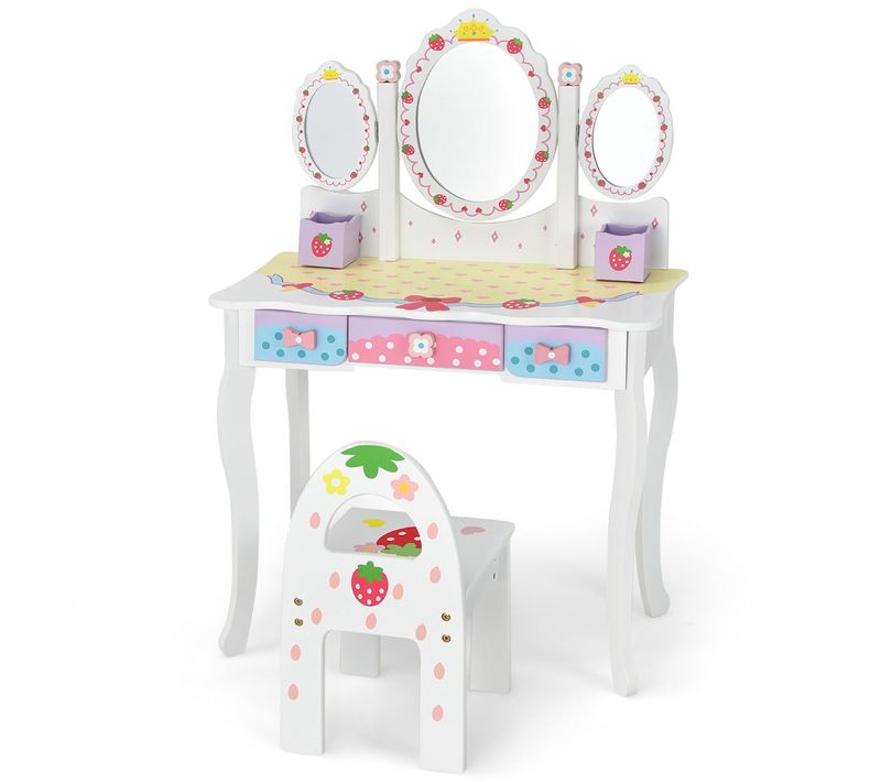 Coiffeuse 2 En 1 Bureau Pour Enfants Avec Miroir Amovible 3 Tiroirs 2 Boîtes De Style