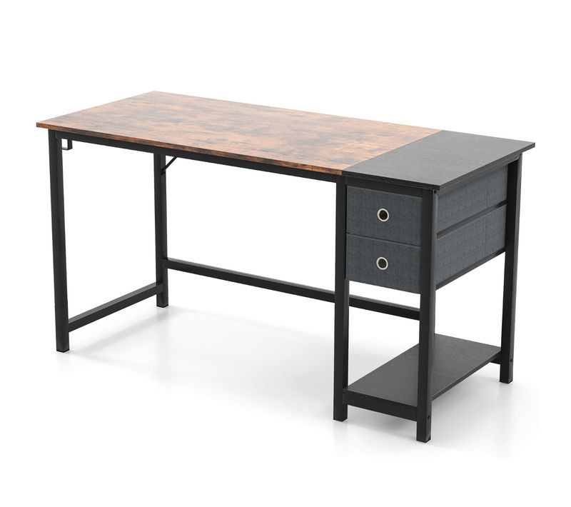 Bureau De 140 Cm Poste De Travail Informatique Moderne Avec 2 Tiroirs Crochet De Suspension Étagère