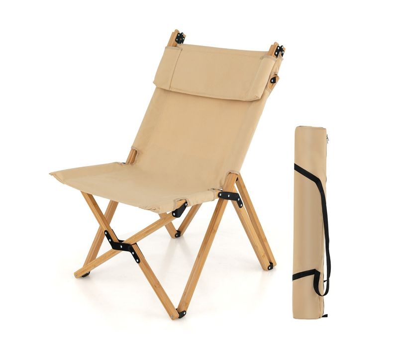 Chaise De Camping Pliante En Bambou Charge 150kg Avec Dossier Ajustable 48/60cm En To