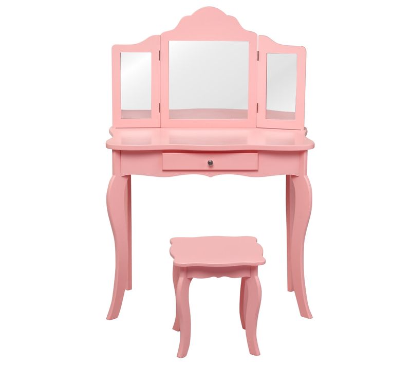 Coiffeuse Enfant Rose Avec Tabouret Table De Maquillage Avec Miroir à Trois Panneaux