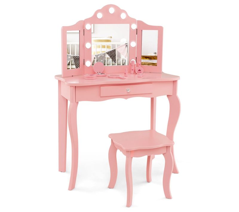 Ensemble De Coiffeuse Et Tabouret Pour Enfants Maquillage 2 En 1 Avec Miroir Pliant E