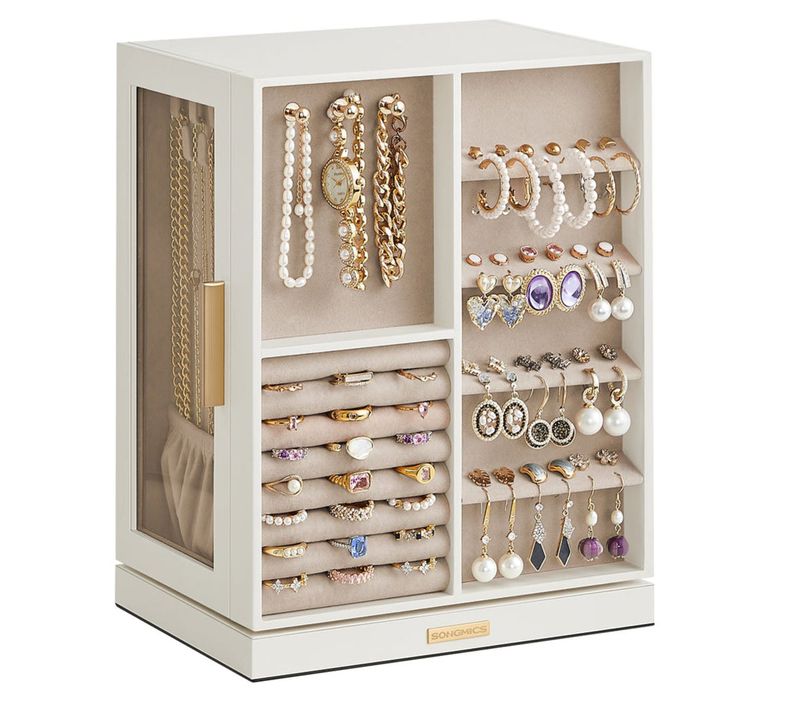 Boîte à Bijoux Rotative à 360° Coffret à Bijoux Avec 5 Tiroirs Fenêtres En Verre Laté