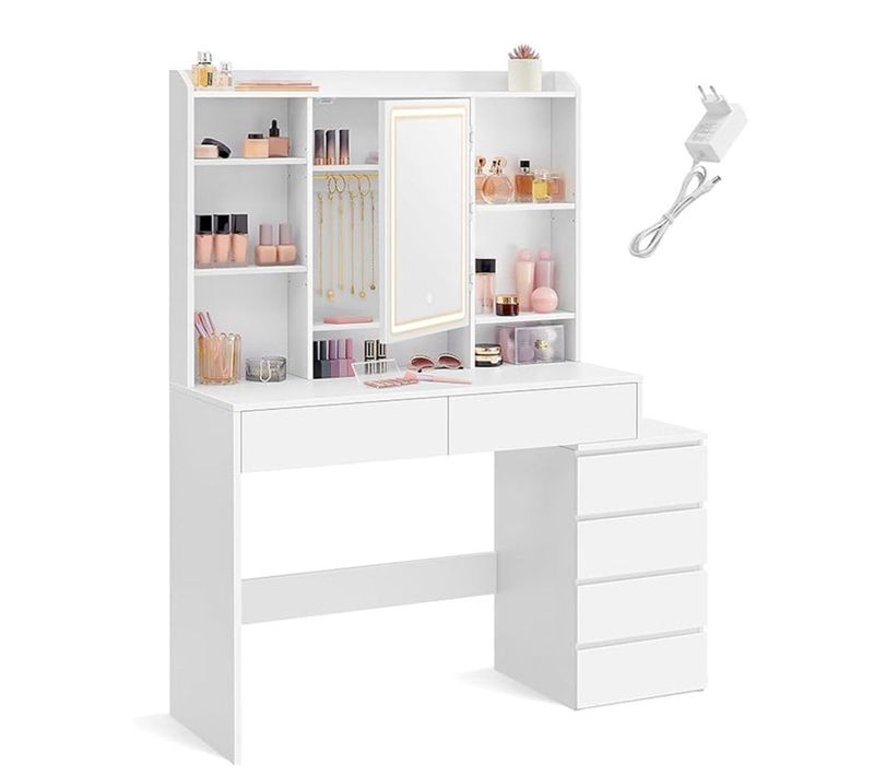 Coiffeuse Grand Miroir LED à Luminosité Réglable Table De Maquillage Avec Miroir Comp