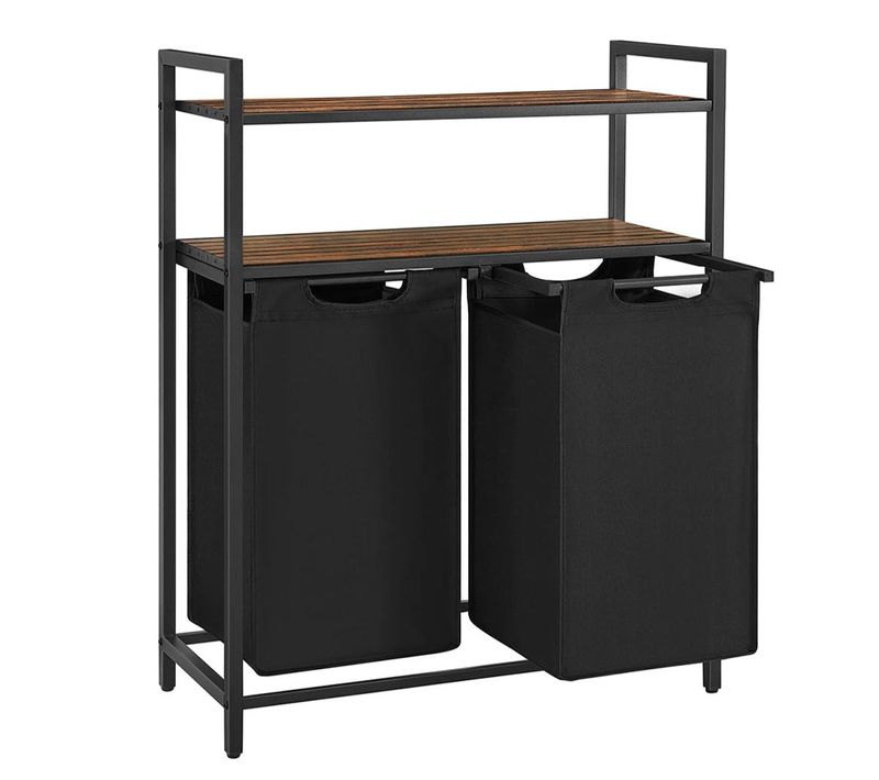 Panier à Linge Sale Corbeille 2 Compartiment Bac Avec 2 Étagères De Rangement Sacs En