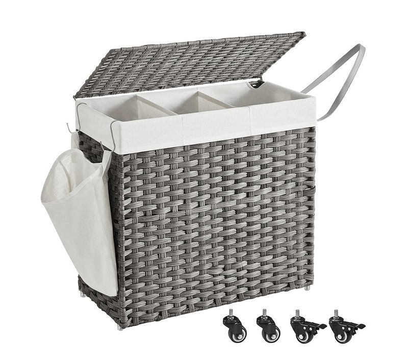 Panier à Linge Tissé à La Main 140 Litres Imitation Rotin 3 Parties Sac Amovible Couv