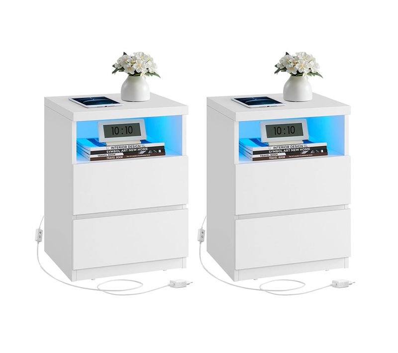 Table De Chevet Avec Éclairage LED Réglable Table D’appoint Avec Tiroirs Meuble à Tiroir