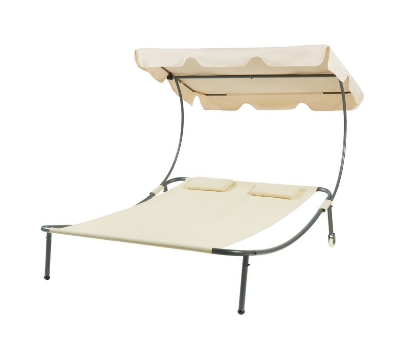 Chaise Longue Double Avec Auvent Acier Laqué Polyester Beige 03_0009208