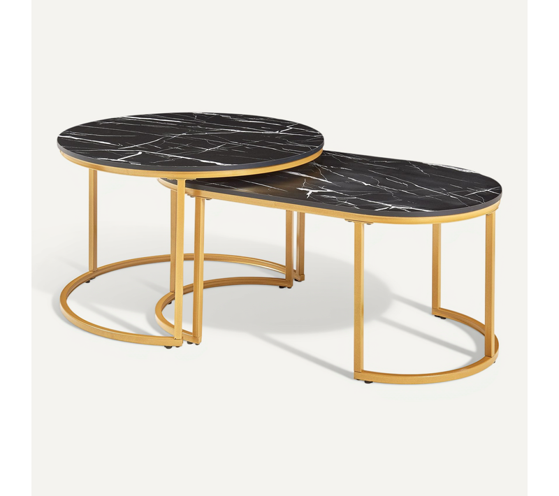 Lot De 2 Tables Basses Gigognes Aspect Marbre Noir Doré 03_0009706