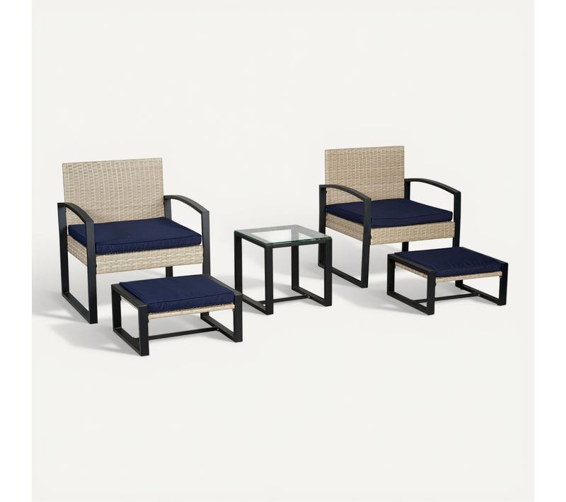 Salon De Jardin 5 Pièces Avec Table 2 Chaises 2 Repose-pieds Aspect Rotin Bleu Marine