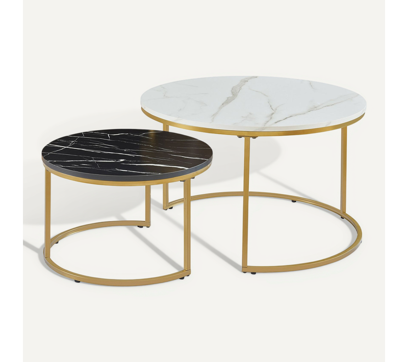 Set De 2 Tables Basses Rondes Gigognes Effet Marbre Blanc Noir Doré 03_0010597