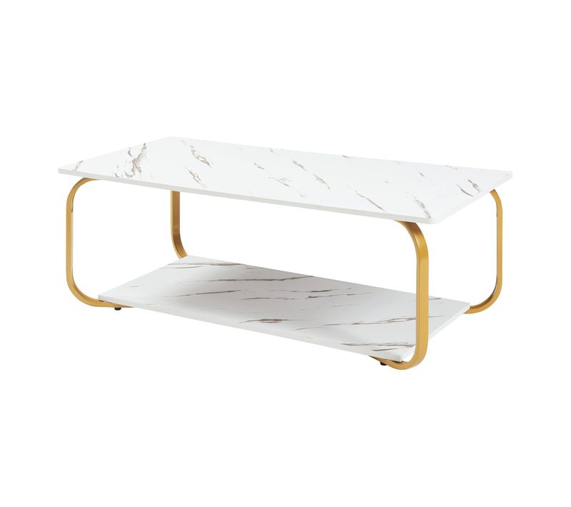 Table Basse Console D'appoint 120 X 60 X 43 Cm Effet Marbre Blanc Or 03_0010808