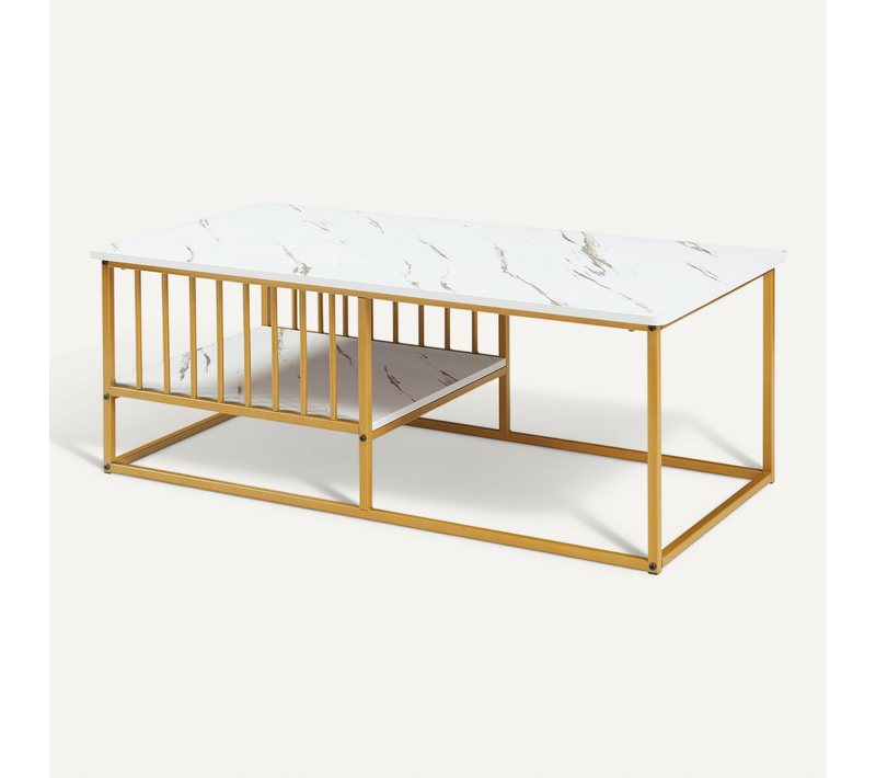 Table Basse Console D'appoint 120 X 60 X 42 Cm Effet Marbre Blanc Or 03_0010836