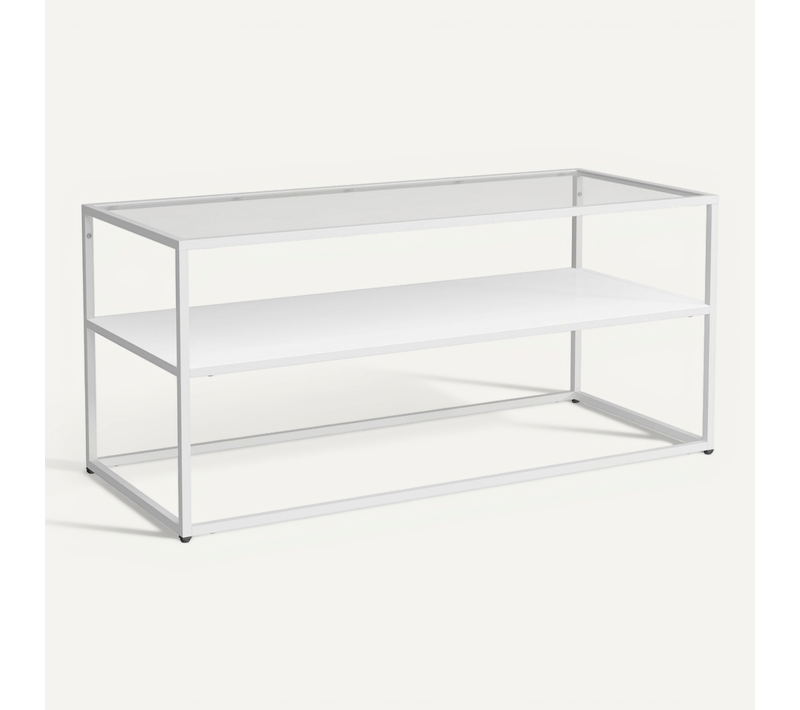 Table Basse Console D'appoint Avec étagère Acier Verre Trempé 102 X 43 X 46 Cm Blanc