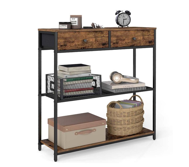 Table D'entrée Étroite Avec 2 Tiroirs En Tissu Meuble Console Bout De Canapé Sur 3 Ni