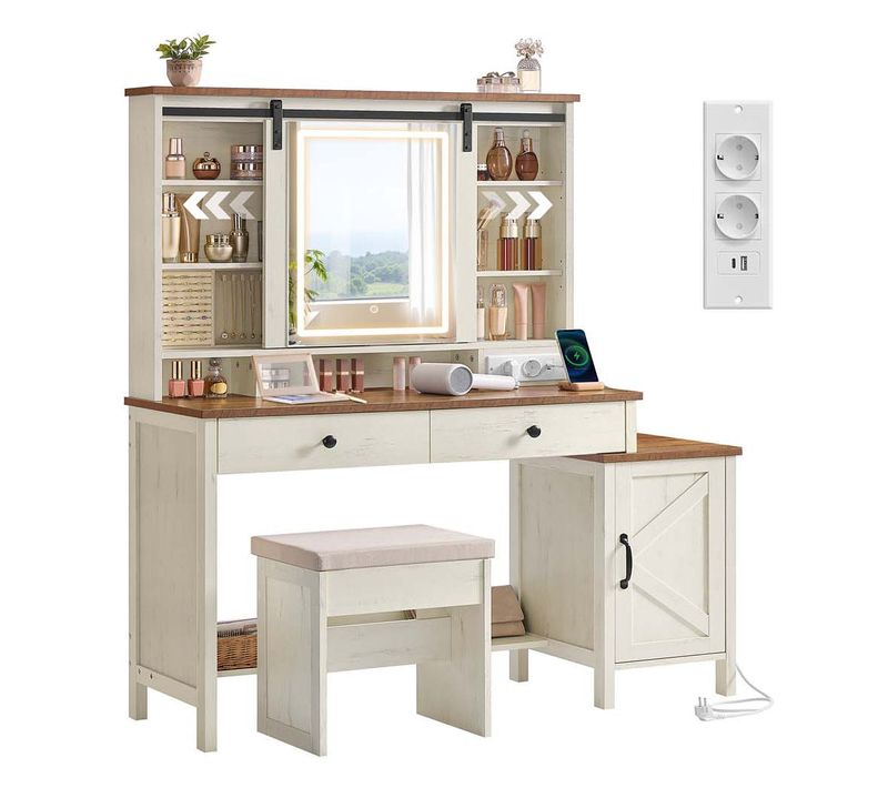 Coiffeuse Avec Miroir Et Éclairage Style Ferme 40 X 125 X 147 Cm Avec Tabouret Multip