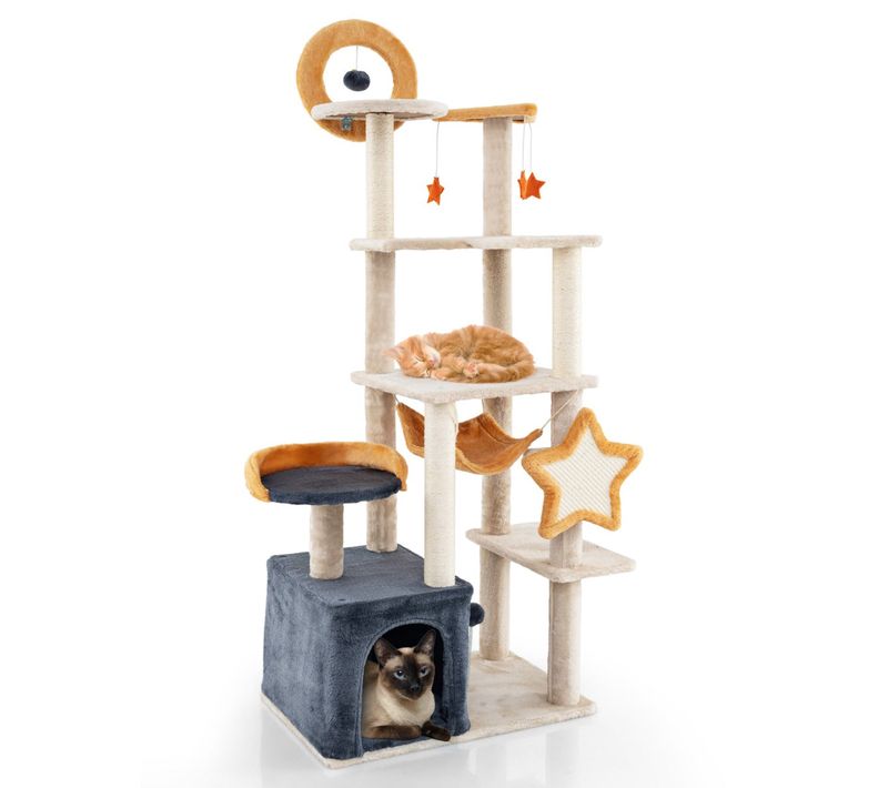 Arbre à Chat Multi-niveaux 61 X 41 X 160 Cm Avec Hamac Et Jouets Pour Chats En Peluche